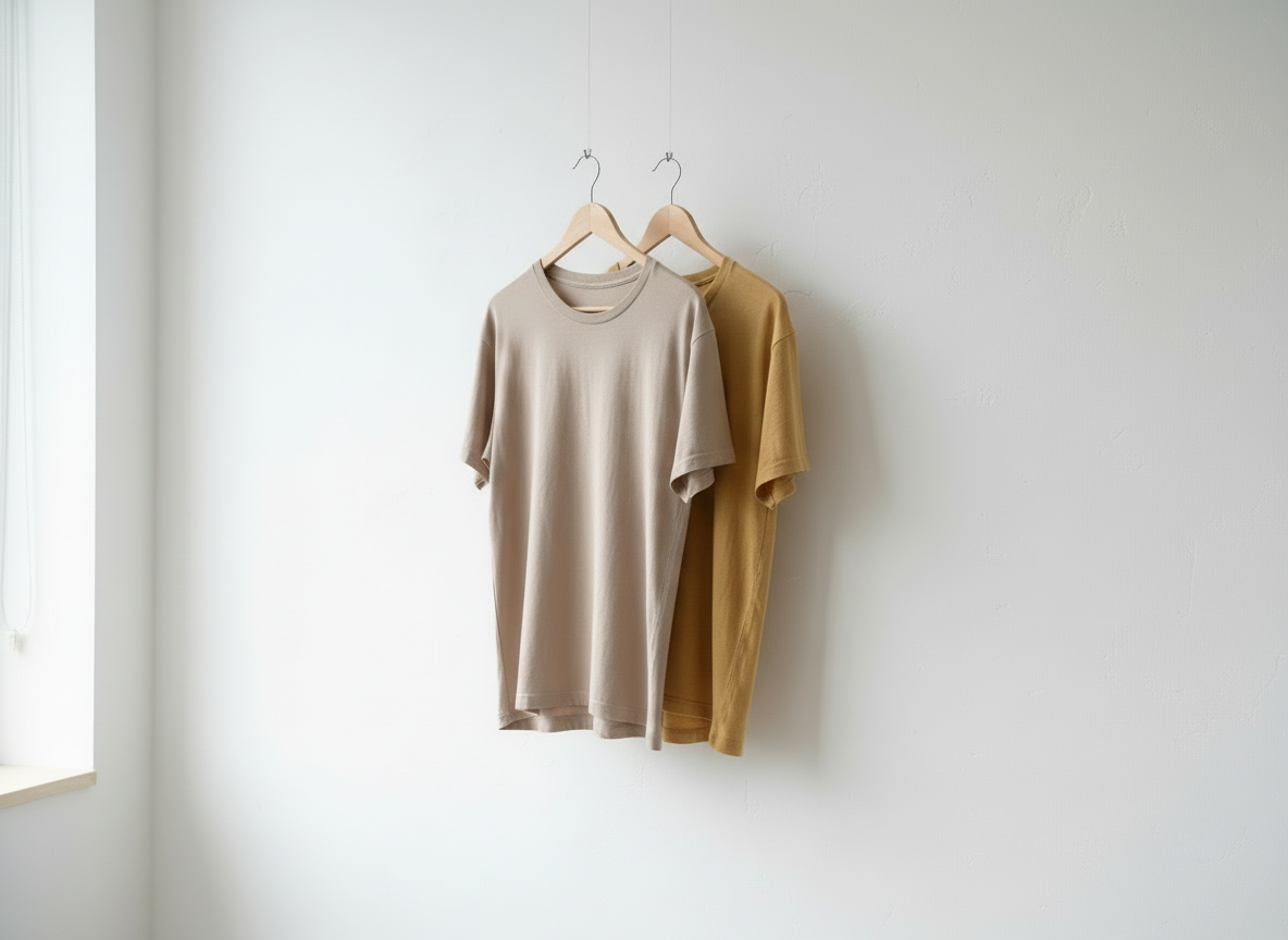 2 an einem kleiderbügel hängende shirts. eines beige eines gant helles senfgelb. hängen eheer links an einer weissen wand