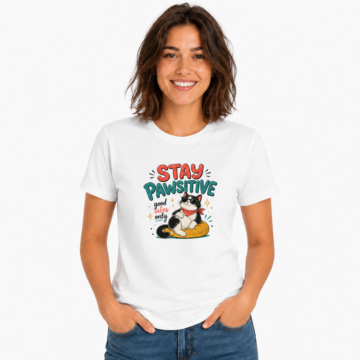 Stay Pawsitive T-Shirt – Lustiges Katzen Shirt