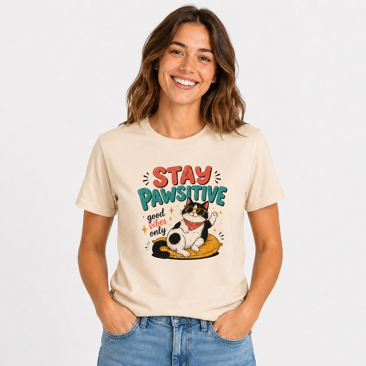 Stay Pawsitive T-Shirt – Lustiges Katzen Shirt
